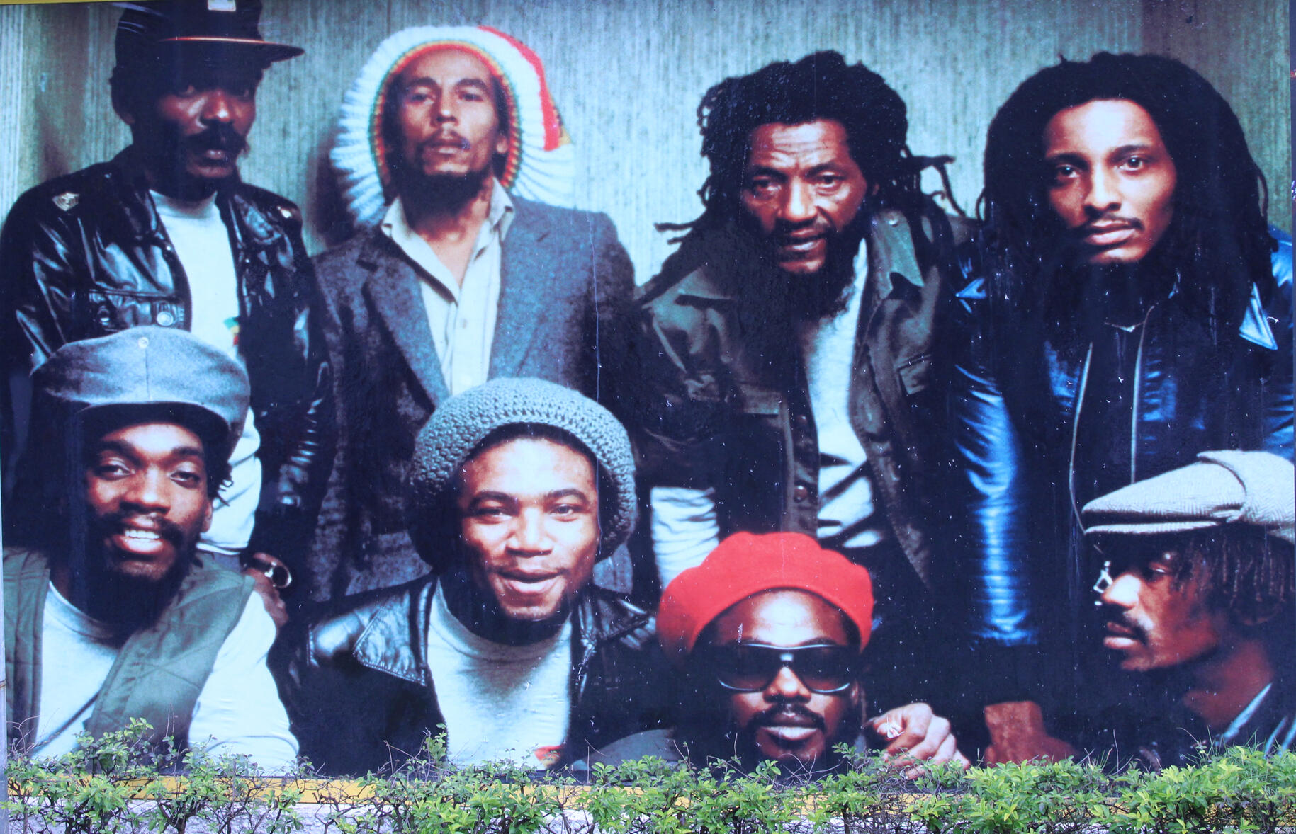 Mural of The Wailers at Bob Marley's House Large wall mural outside the Bob Marley Museum in Kingston, Jamaica showing members of the Wailers band. Photograph by Daniel Piper, Public Educator